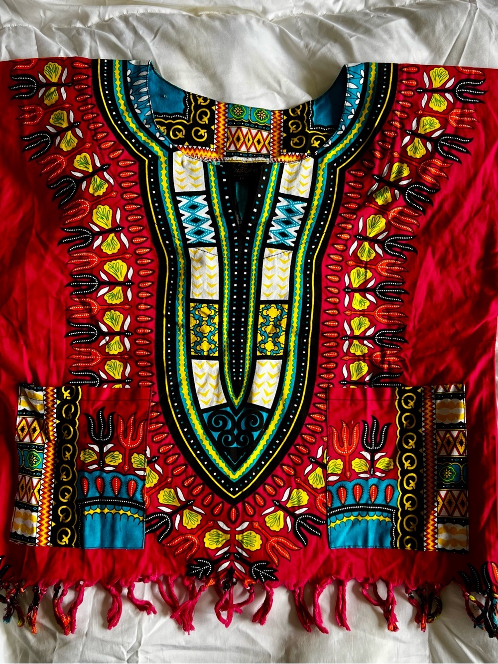 🌍Vibrant Red RaanPahMuang African Dashiki Top with Multicolor Tribal Print 11